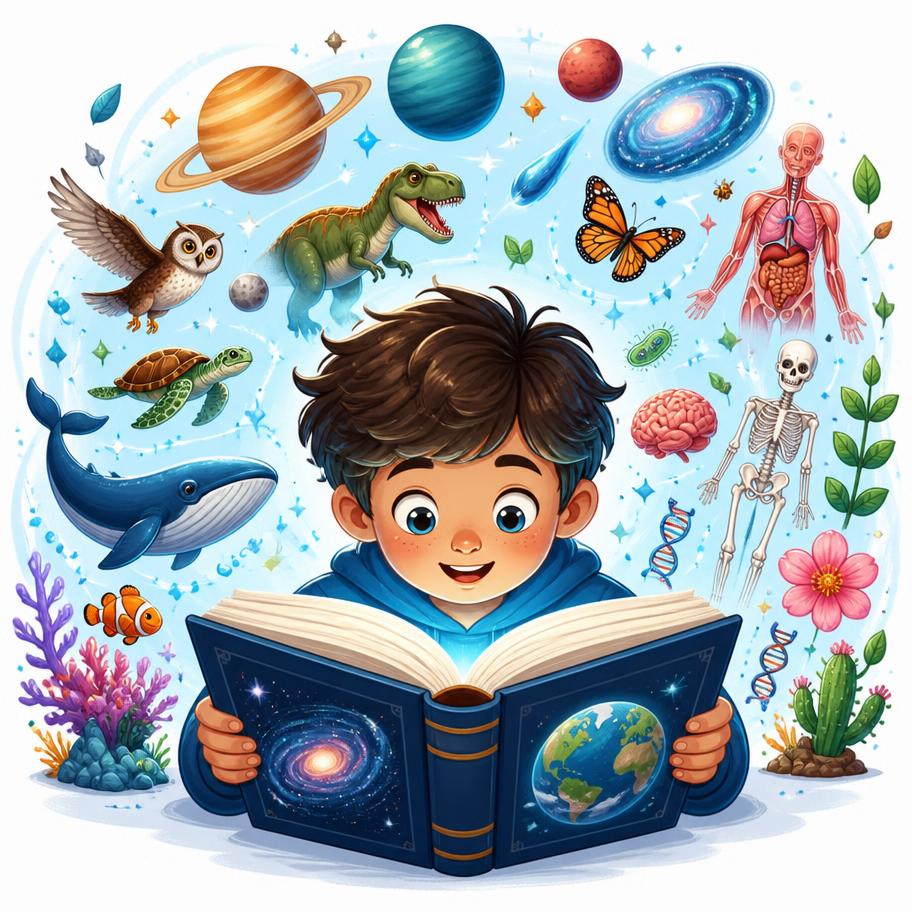 Chico leyendo una enciclopedia rodeado de planetas y animales