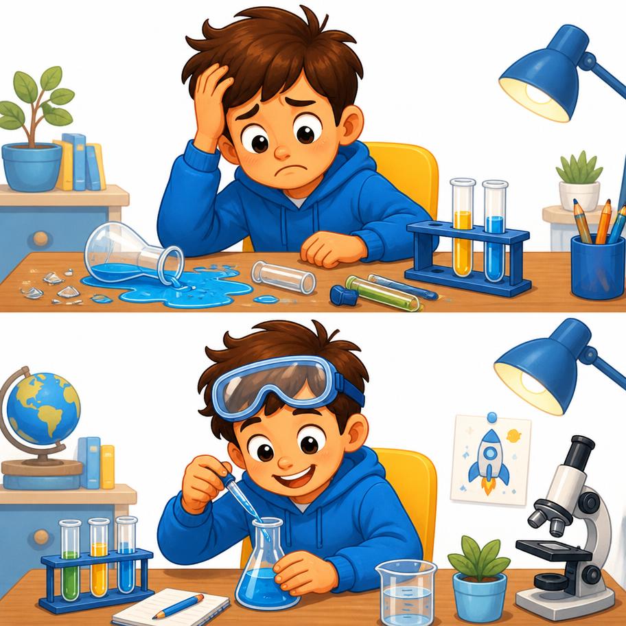 Chico frustrado con un experimento que vuelve a intentarlo